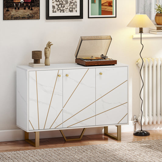 HOMCOM White Marble Tone Sideboard Cabinet With Adjustable Shelves And Metal Legs For Living Room Kitchen Dining Hallway