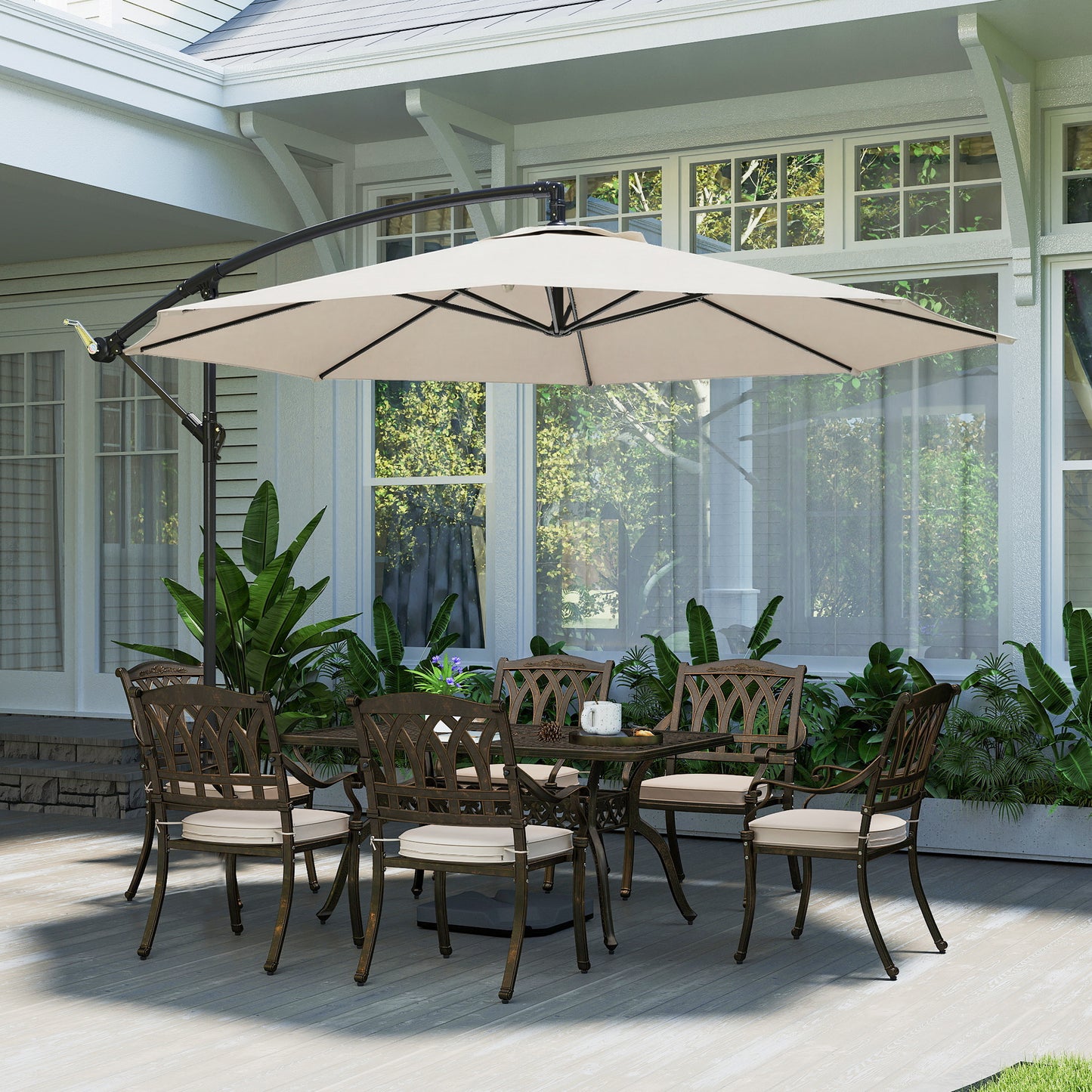 Outsunny 3 m Overhanging Cantilever Parasol With Cross Base Cream White UV Resistant Patio Umbrella