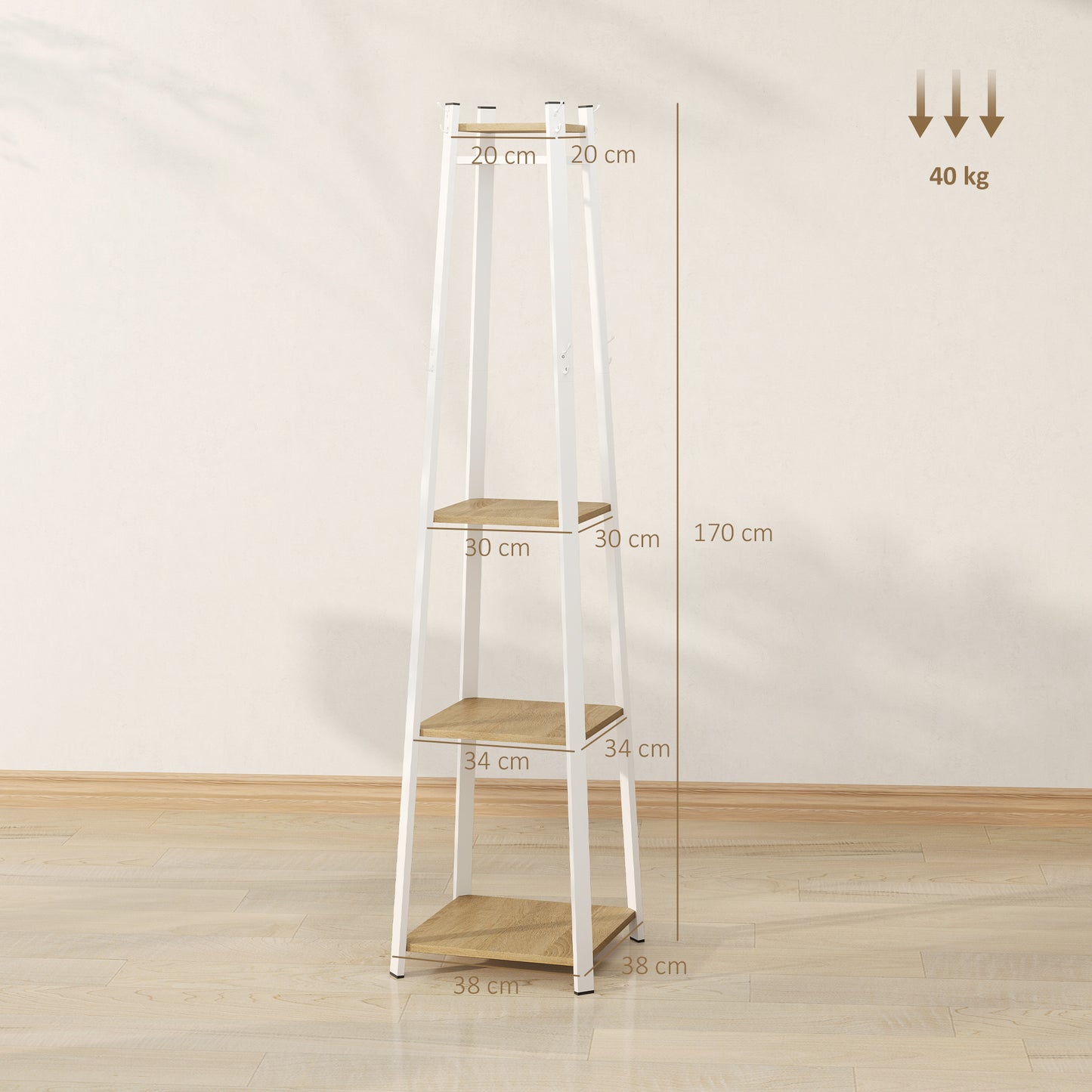 HOMCOM Compact Freestanding Coat Rack White Oak Finish With Eight Double Hooks And Three Shelves For Corner Spaces