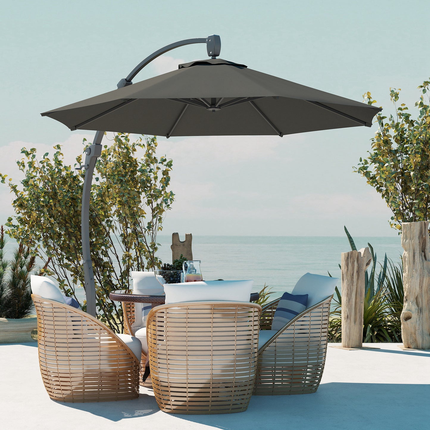 Outsunny 3m Cantilever Parasol Banana Patio Umbrella with Crank Handle Aluminum Frame Cross Base 360 Rotation Grey