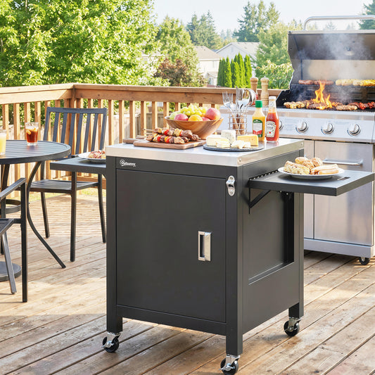 Outsunny Outdoor Grill Cart With Stainless Steel Tabletop Cabinet Towel Holder And Bottle Opener Black