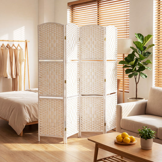 White 4-panel folding room divider privacy screen with woven paper-fiber panels