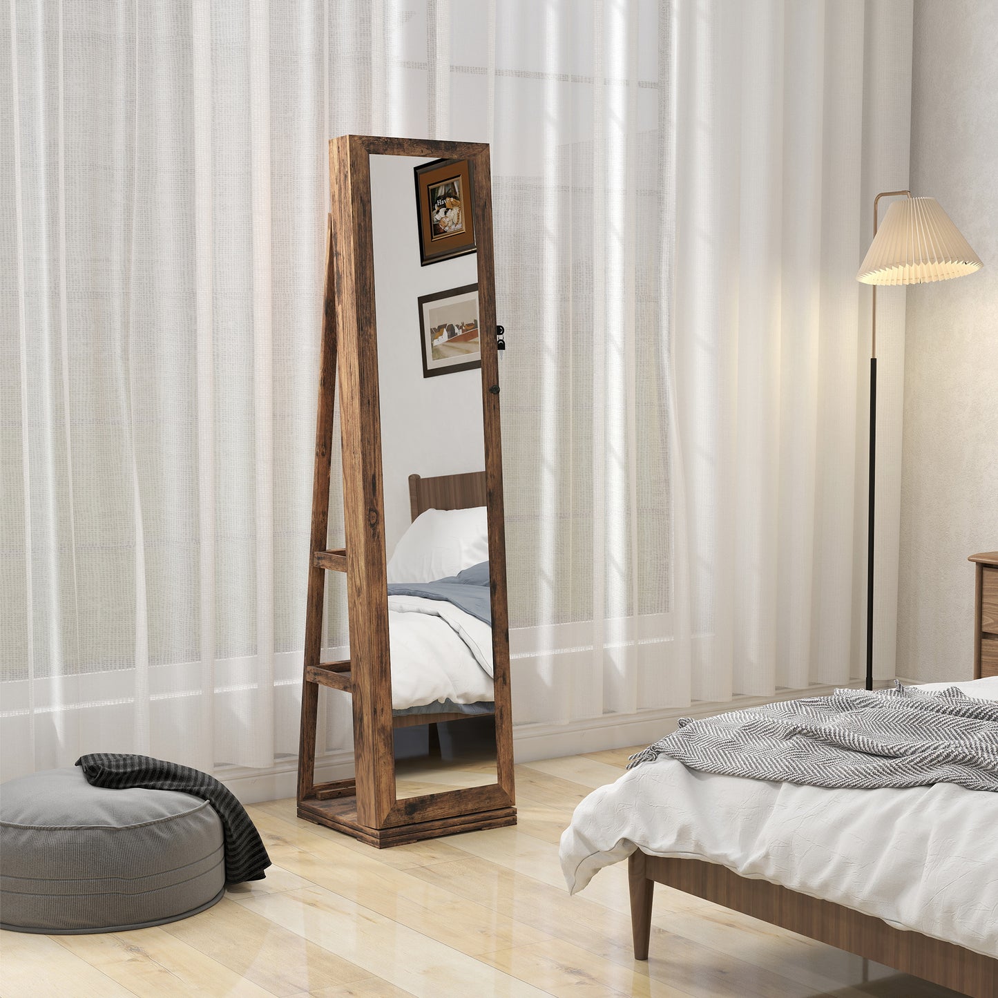 HOMCOM 360 Degree Swivel Jewellery Cabinet With Free Standing Full Length Makeup Mirror And Lockable Jewellery Organizer