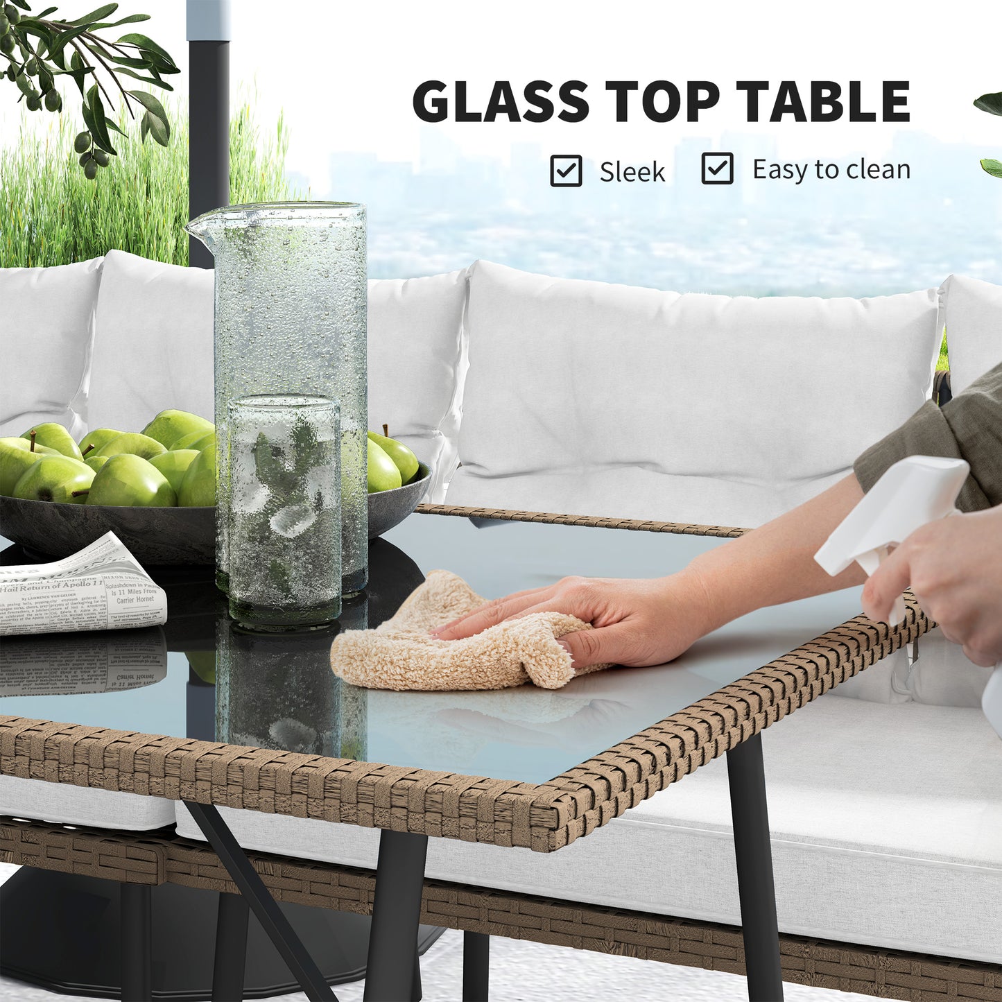 Outsunny 6 Piece Rattan Garden Furniture Set With Cushions And Glass Top Table 8 Seater Cream White