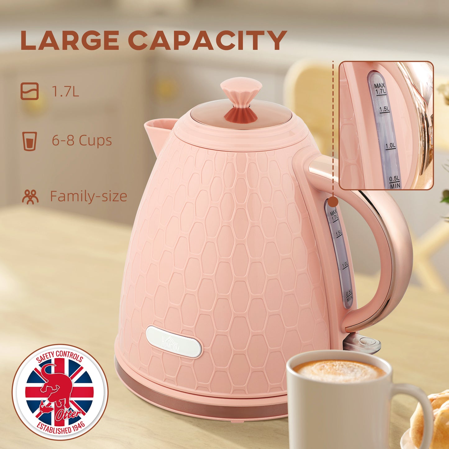 HOMCOM 3kW Rapid Boil Honeycomb Electric Kettle Light Pink With Boil Dry Protection For Quick Tea Coffee