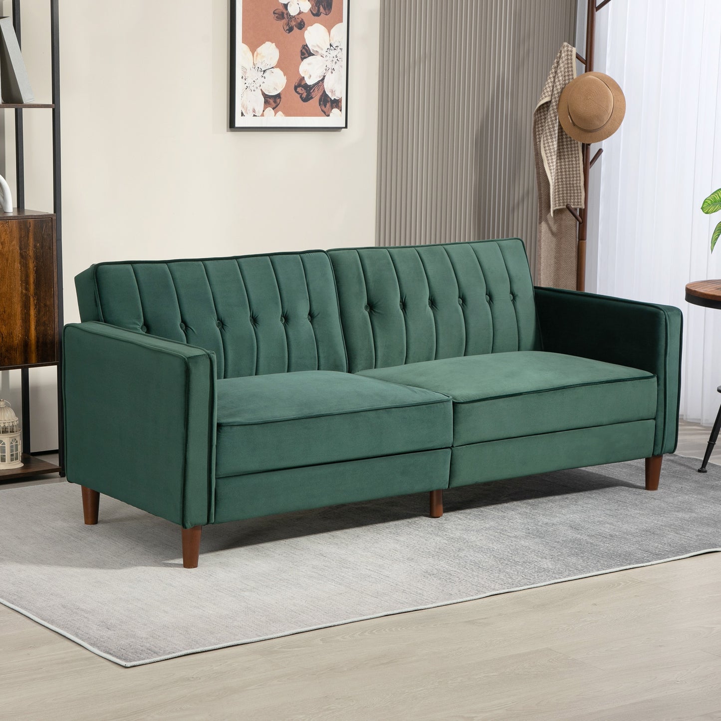 HOMCOM Velvet Feel Three Seater Sofa Bed Green With Thick Cushions For Day And Night Comfort