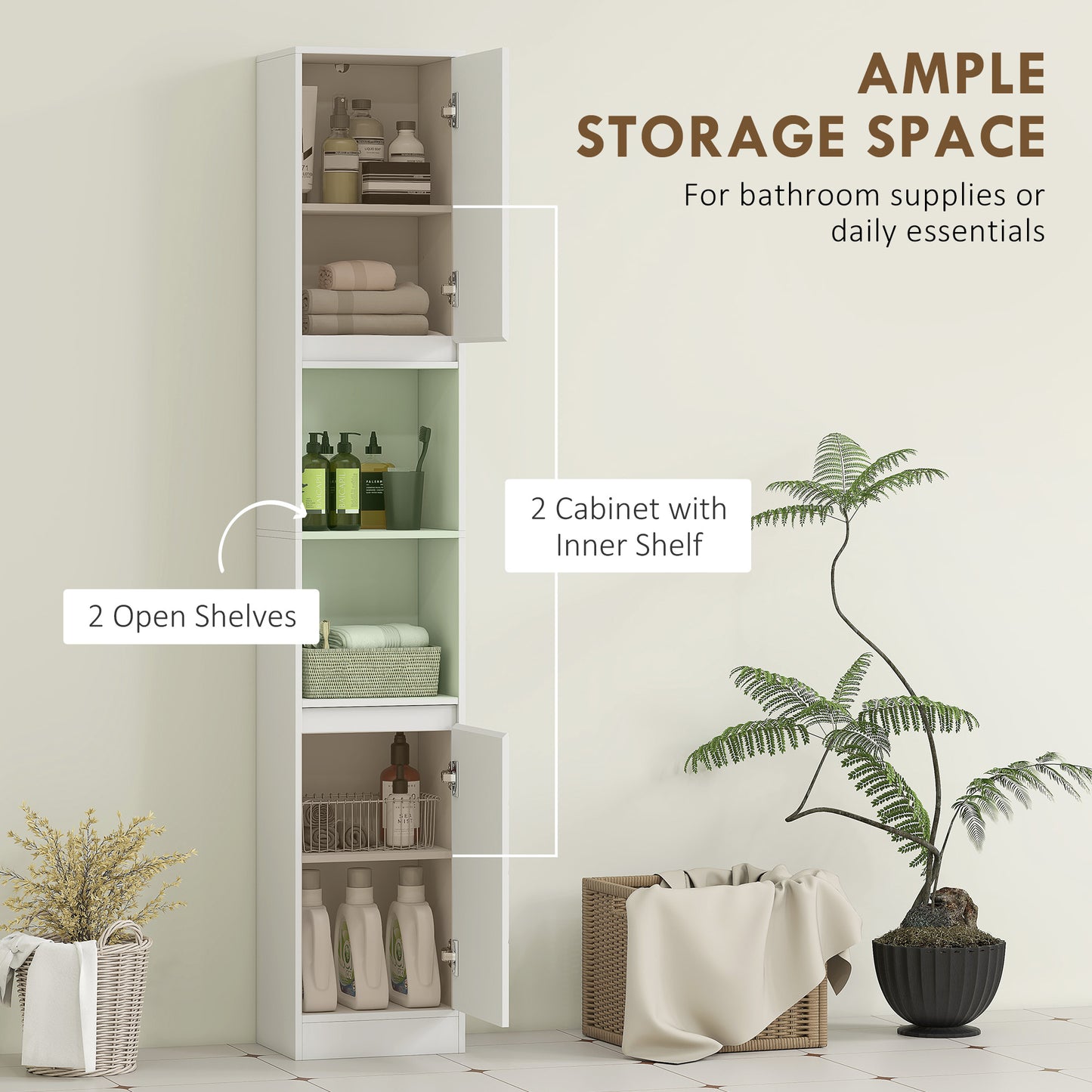 HOMCOM Narrow White Bathroom Cabinet Slim Storage Unit with Open Compartments and Adjustable Shelves 30 x 24 x 170 cm