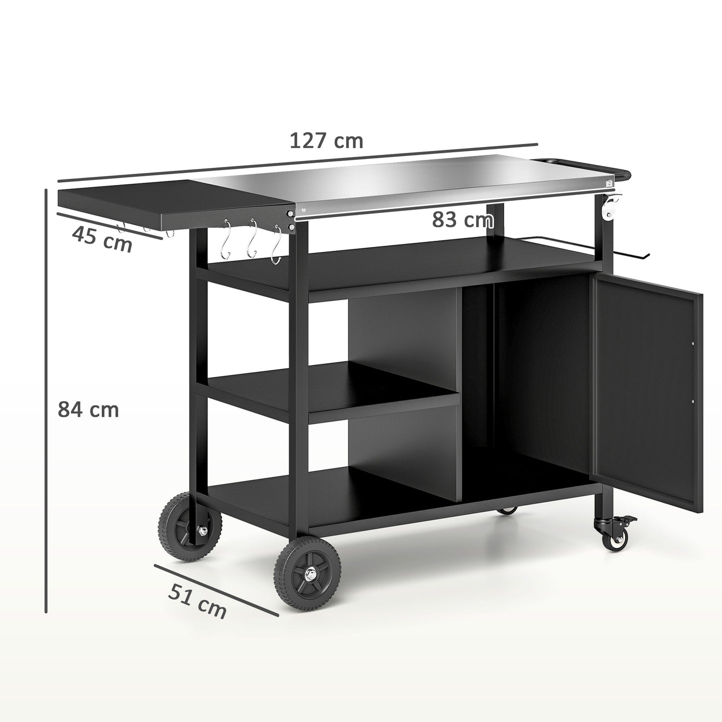 Outsunny Outdoor BBQ Trolley With Foldable Side Table Stainless Steel Top Wheels Shelves Cabinet Movable Grill Cart