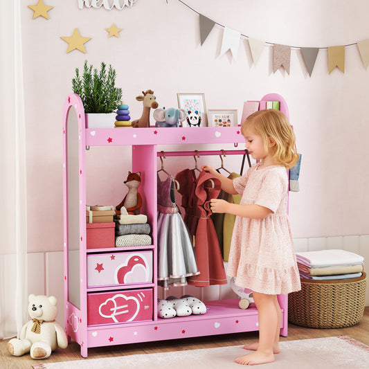 AIYAPLAY Kids Clothes Rail Wardrobe With Mirror Shelves Top Shelf Two Storage Boxes Hooks For Bedroom Nursery Pink