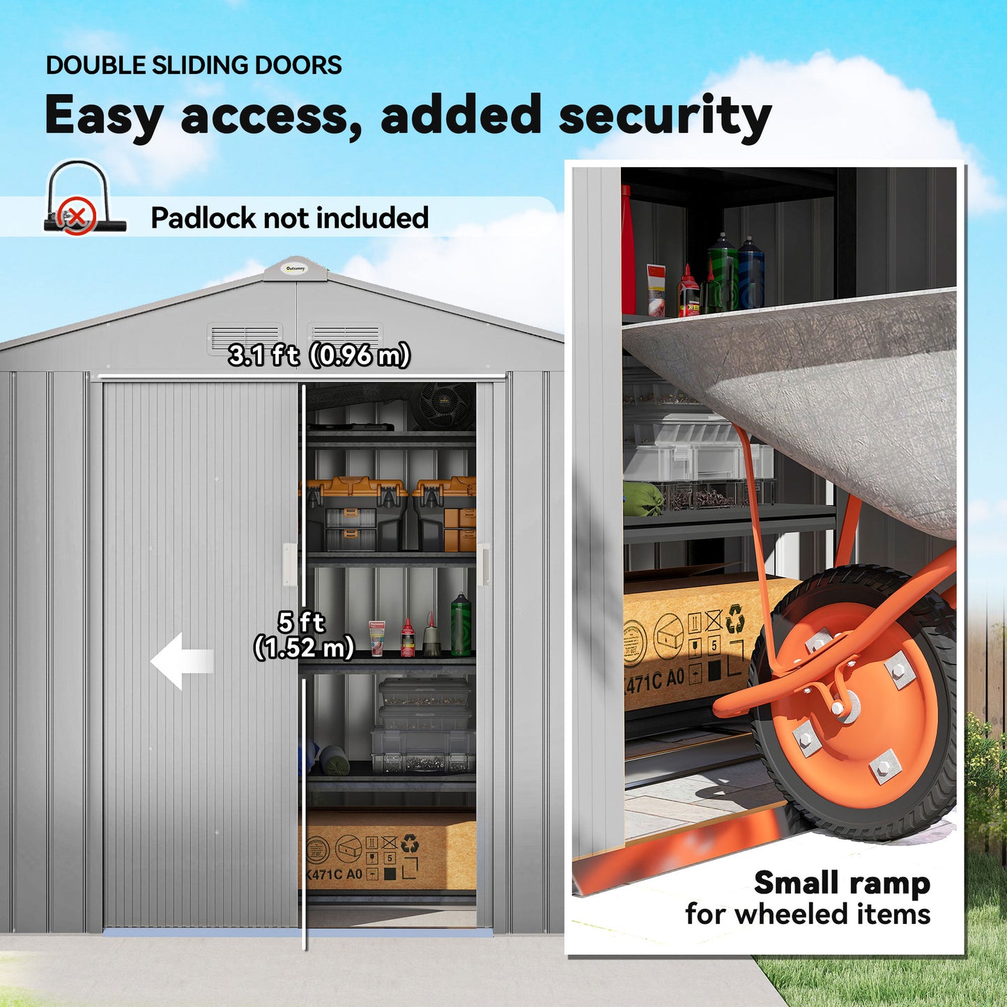 Outsunny 7 By 4ft Lockable Metal Garden Tool Storage Shed Galvanised Steel With Double Sliding Doors Light Grey