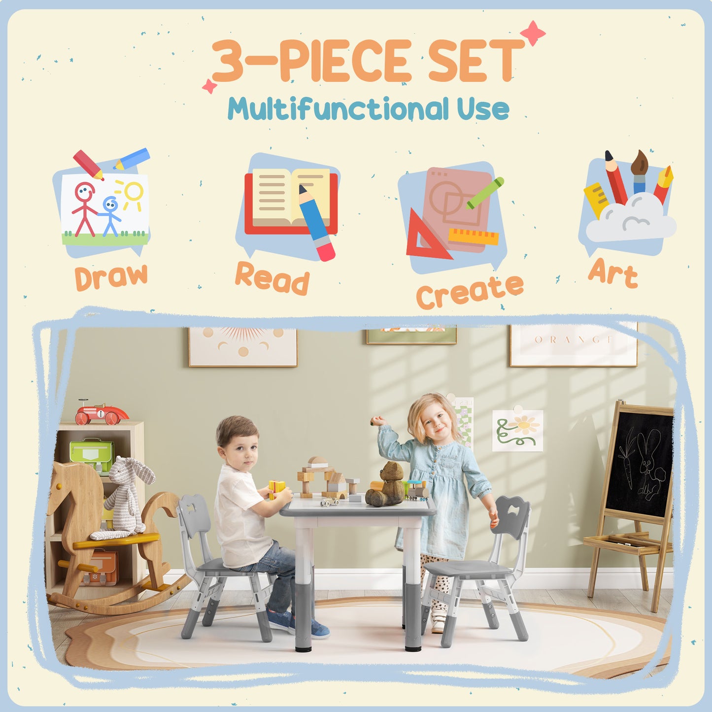 AIYAPLAY Adjustable Kids Table and Chair Set - 3-Piece Playroom Furniture for Toddlers, Grey - ALL4U RETAILER LTD