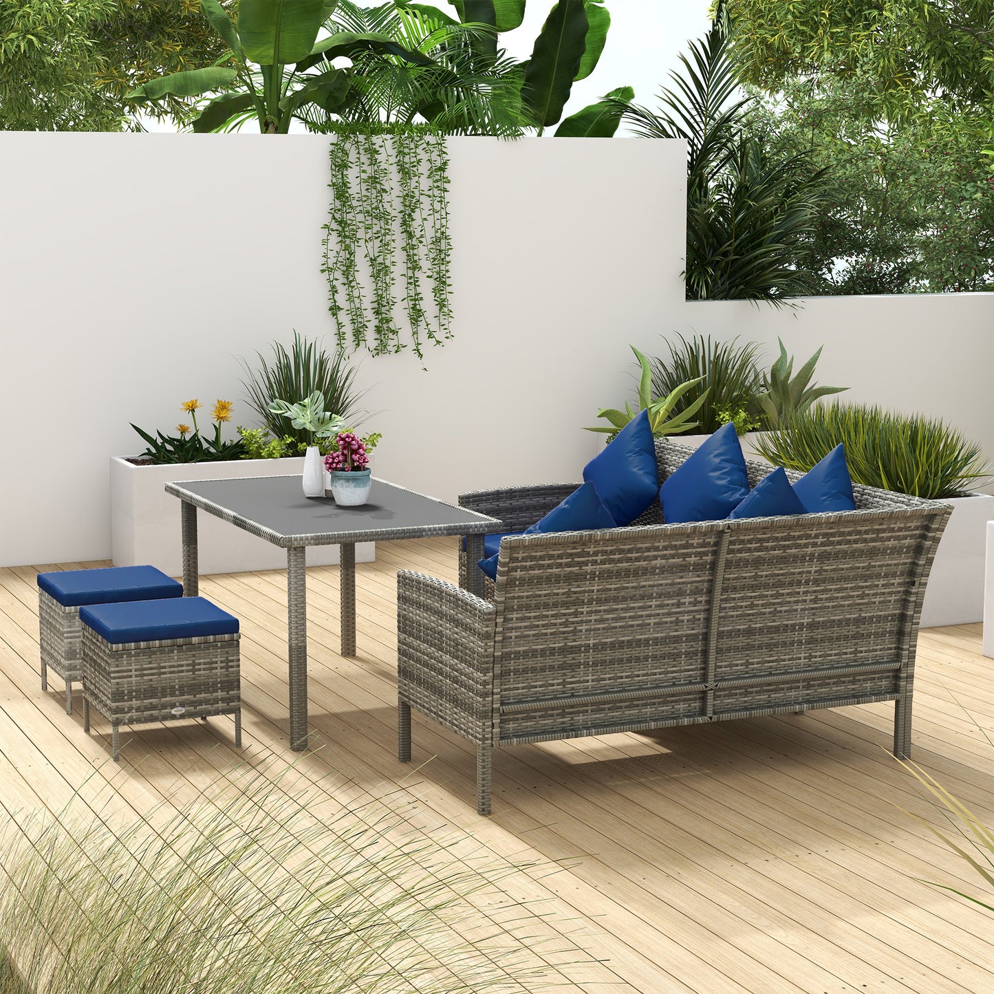 Outsunny 5 Piece Rattan Garden Furniture Set With Dining Table Cushions Dark Blue
