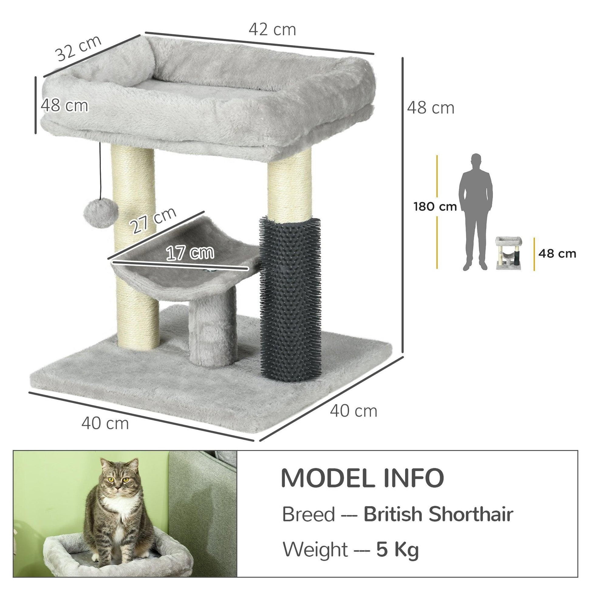 PawHut Small Cat Tree Tower w/ Scratching Posts, Bed, Perch, Self Groomer, Toy - ALL4U RETAILER LTD