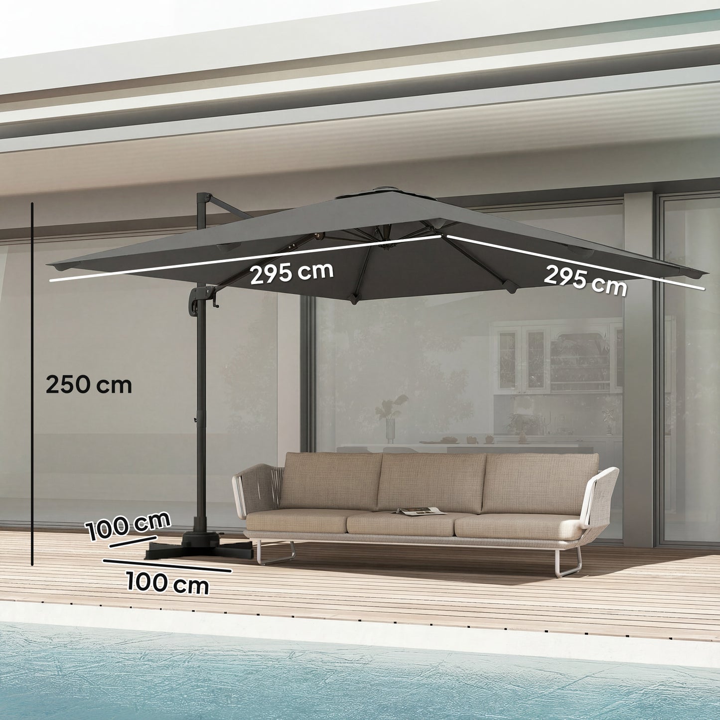 Outsunny 3m Cantilever Parasol Square Patio Umbrella With Crank, Cross Base, Tilt And 360 Degree Rotation, Dark Grey