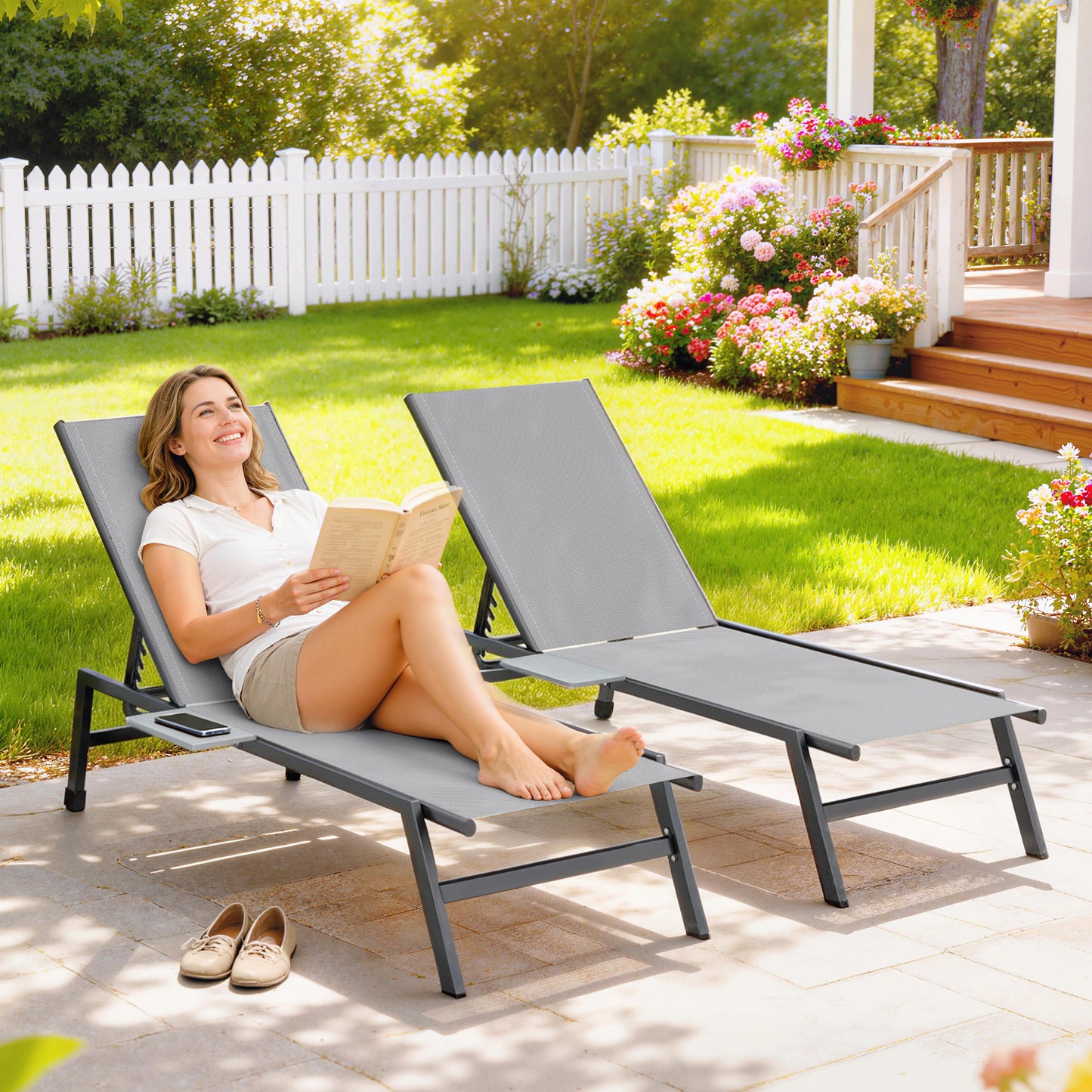Outsunny Sun Loungers Set Of 2 With Side Tray Table Garden Recliners With 5 Position Adjustable Backrest 2 Wheels Grey