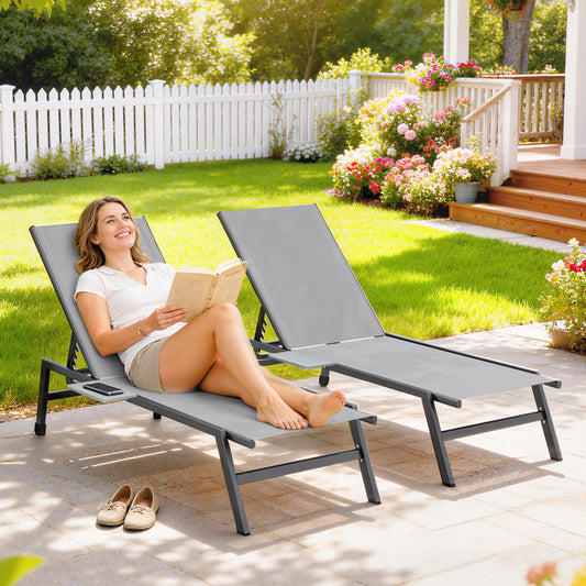 Outsunny Sun Loungers Set Of 2 With Side Tray Table Garden Recliners With 5 Position Adjustable Backrest 2 Wheels Grey