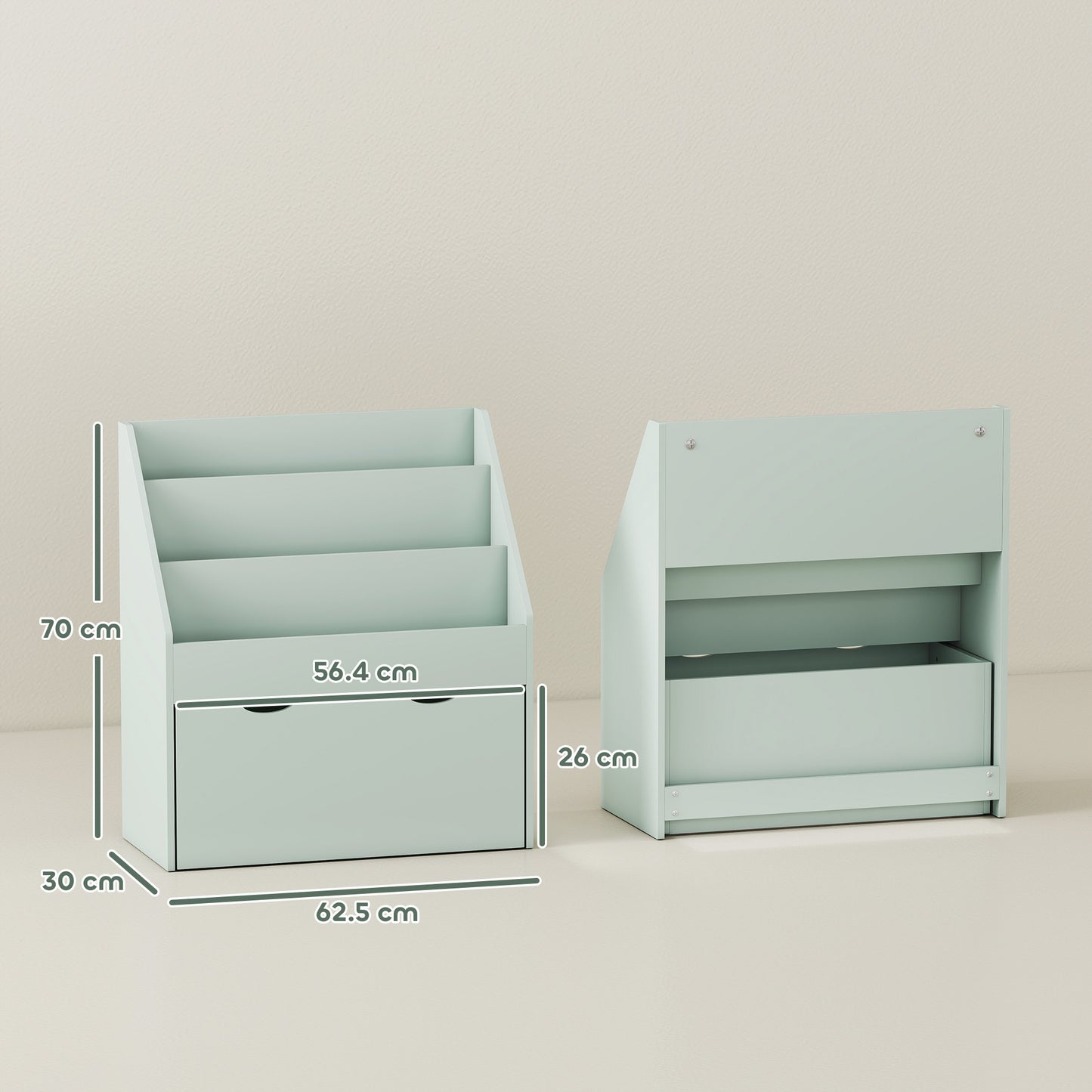 AIYAPLAY Kids Bookcase With Three Shelves And Drawer On Wheels For Bedroom And Playroom Green