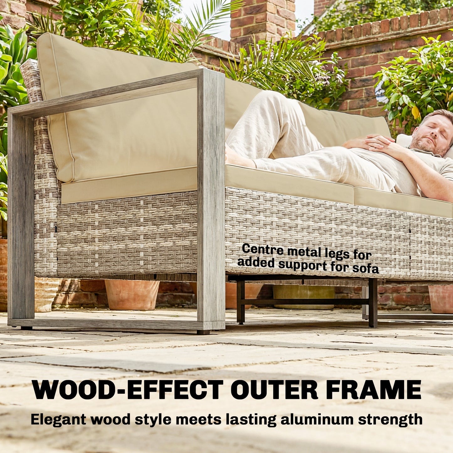 Outsunny 4 Piece Rattan Garden Furniture Set 3 Seater Sofa Armchairs Table Aluminium Frame Patio Conversation Khaki