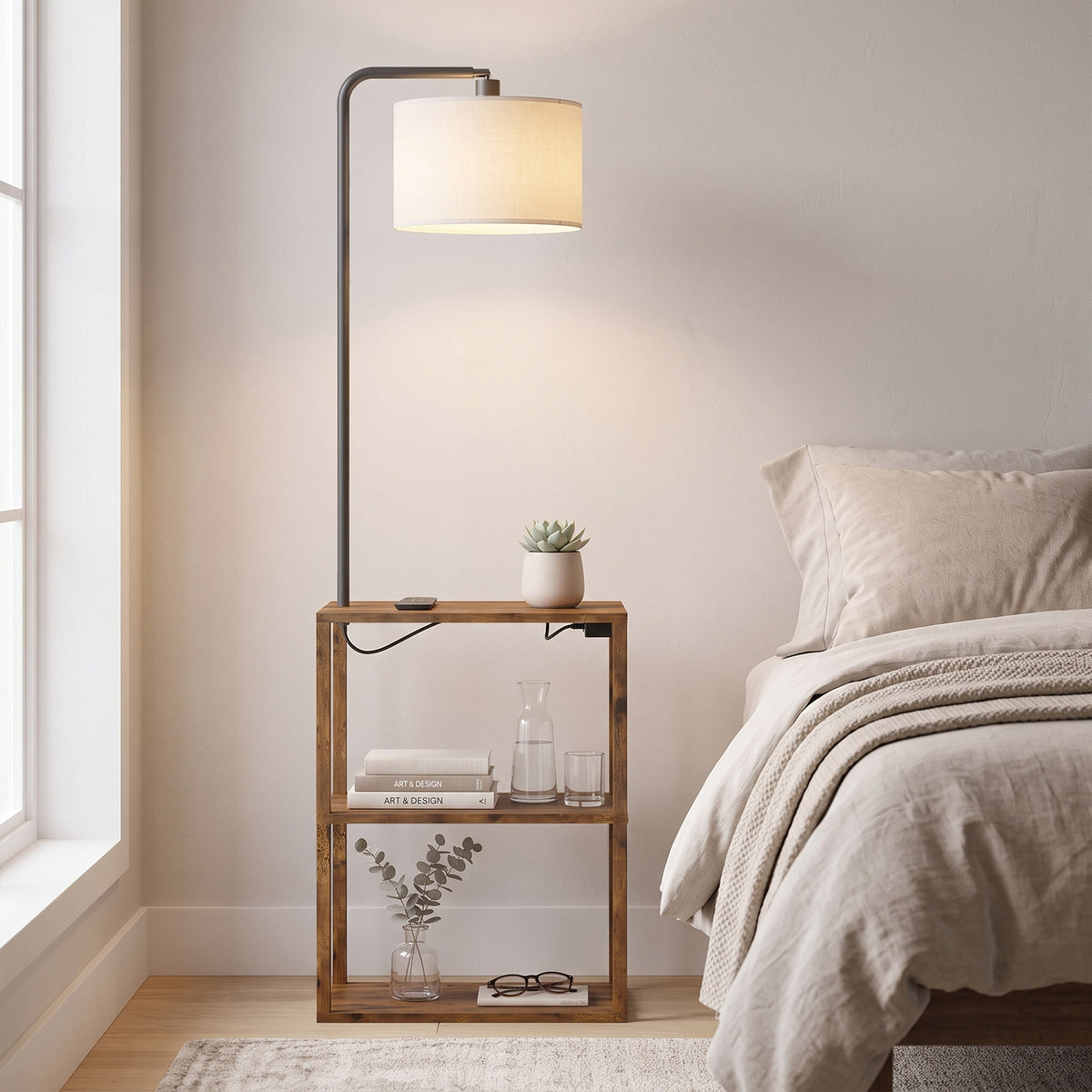 Brown floor lamp with 3-tier shelf unit and fabric shade, black metal frame