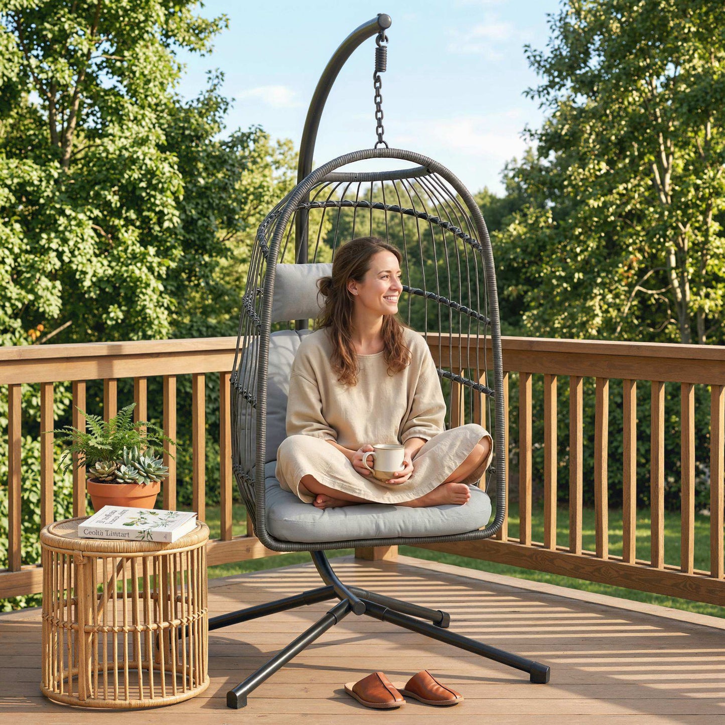 Outsunny Hanging Egg Chair With Stand, Indoor Outdoor Swing Chair With Cushion, Adjustable Height, Safety Strap, Grey