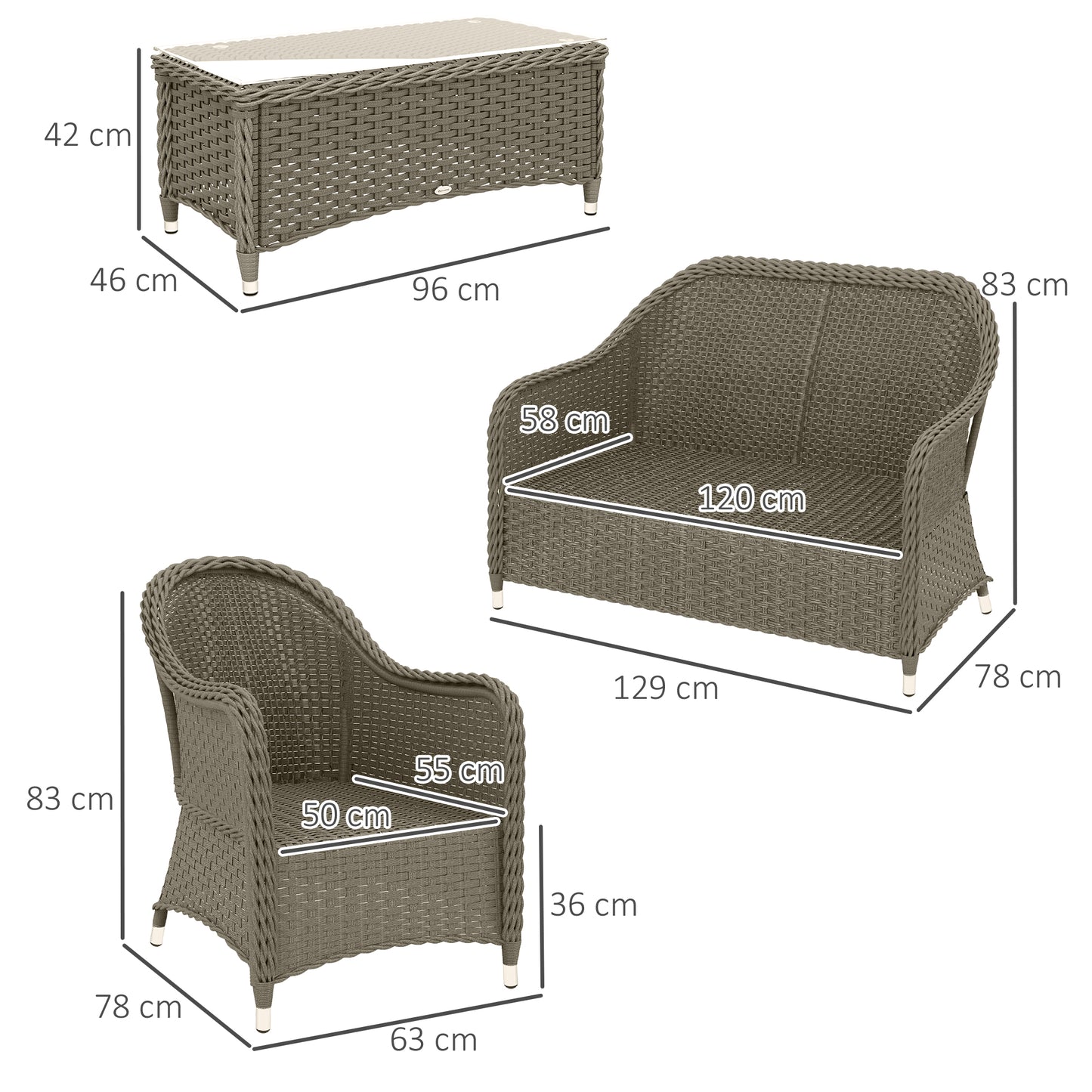 Outsunny Four Piece Rattan Sofa Set With Glass Top Table Aluminium Frame Outdoor Garden Furniture Light Grey