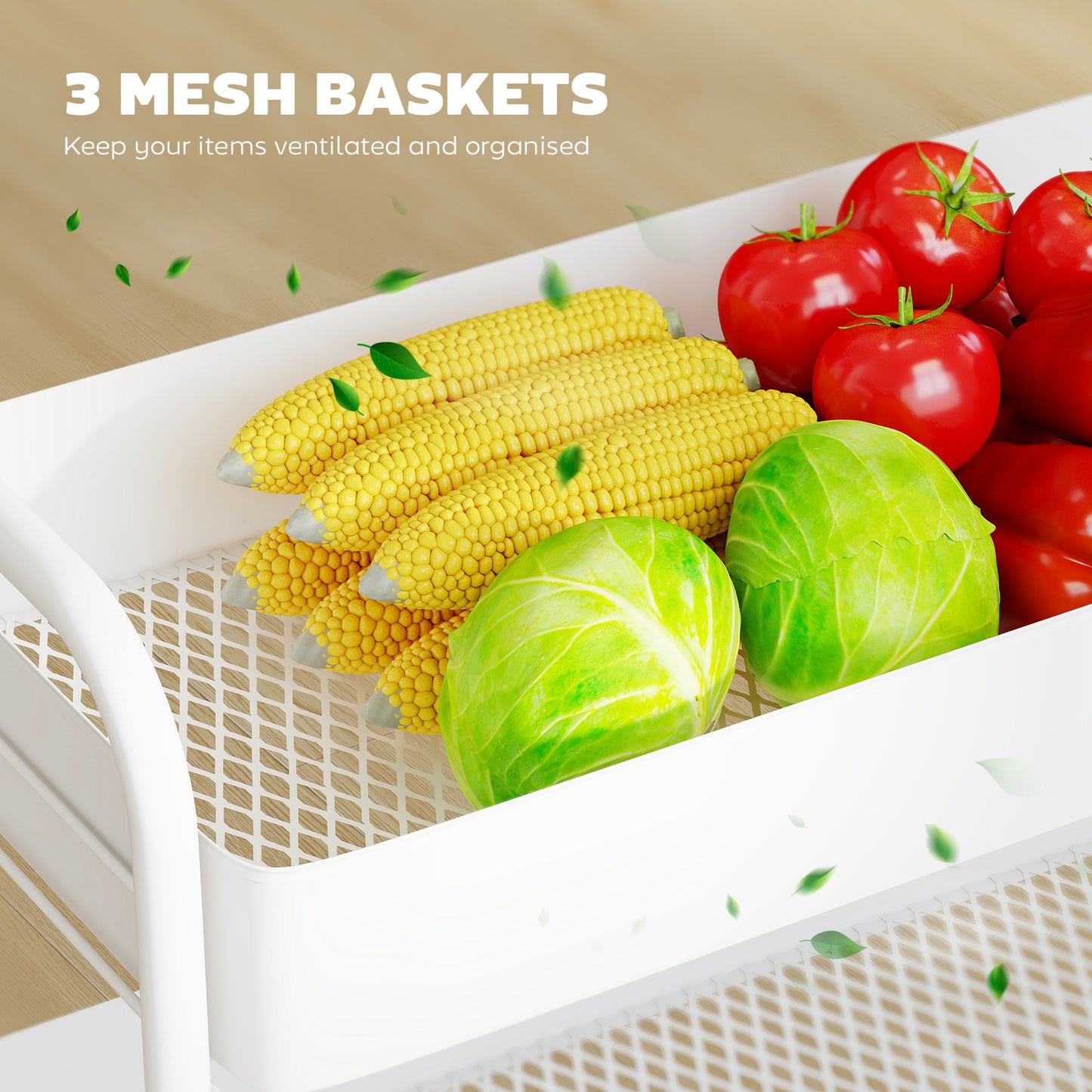 HOMCOM 3 Tier Storage Trolley on Wheels Rolling Utility Cart with Mesh Baskets for Kitchen Bathroom and Bedroom White