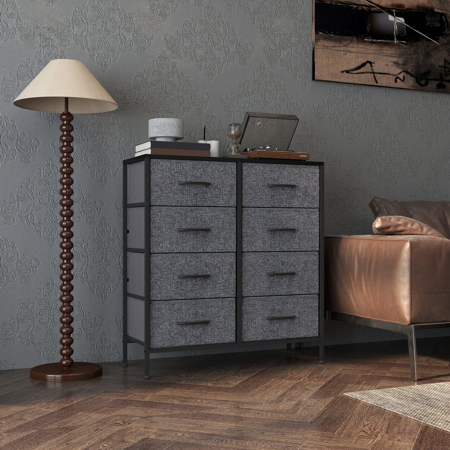 HOMCOM Fabric Chest Of Drawers With 8 Fabric Drawers Steel Frame Wooden Top For Nursery Living Room Hallway Black
