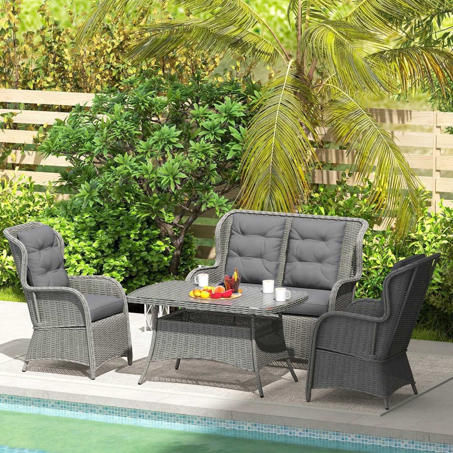 Outsunny 4 Seater PE Rattan Garden Sofa Set With High Back Cushioned Chairs And Tempered Glass Coffee Table Light Grey