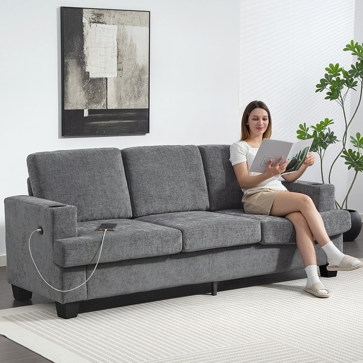 HOMCOM Three Seater Sofa With USB Ports And Cup Holders Grey Chenille Feel Upholstered For Living Room Comfort