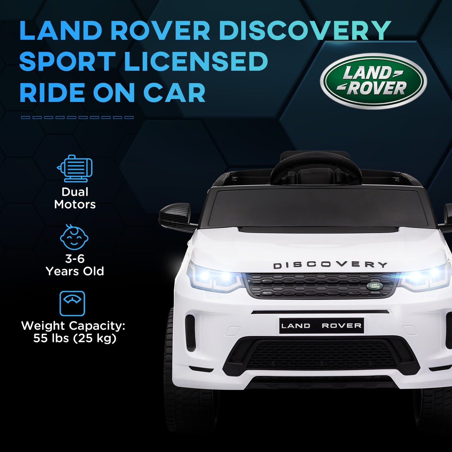 AIYAPLAY Licensed 12V Land Rover Discovery Sport Kids Electric Ride-On Car with Remote Control, Lights, Music, and Horn – Ideal for Ages 3-6, White