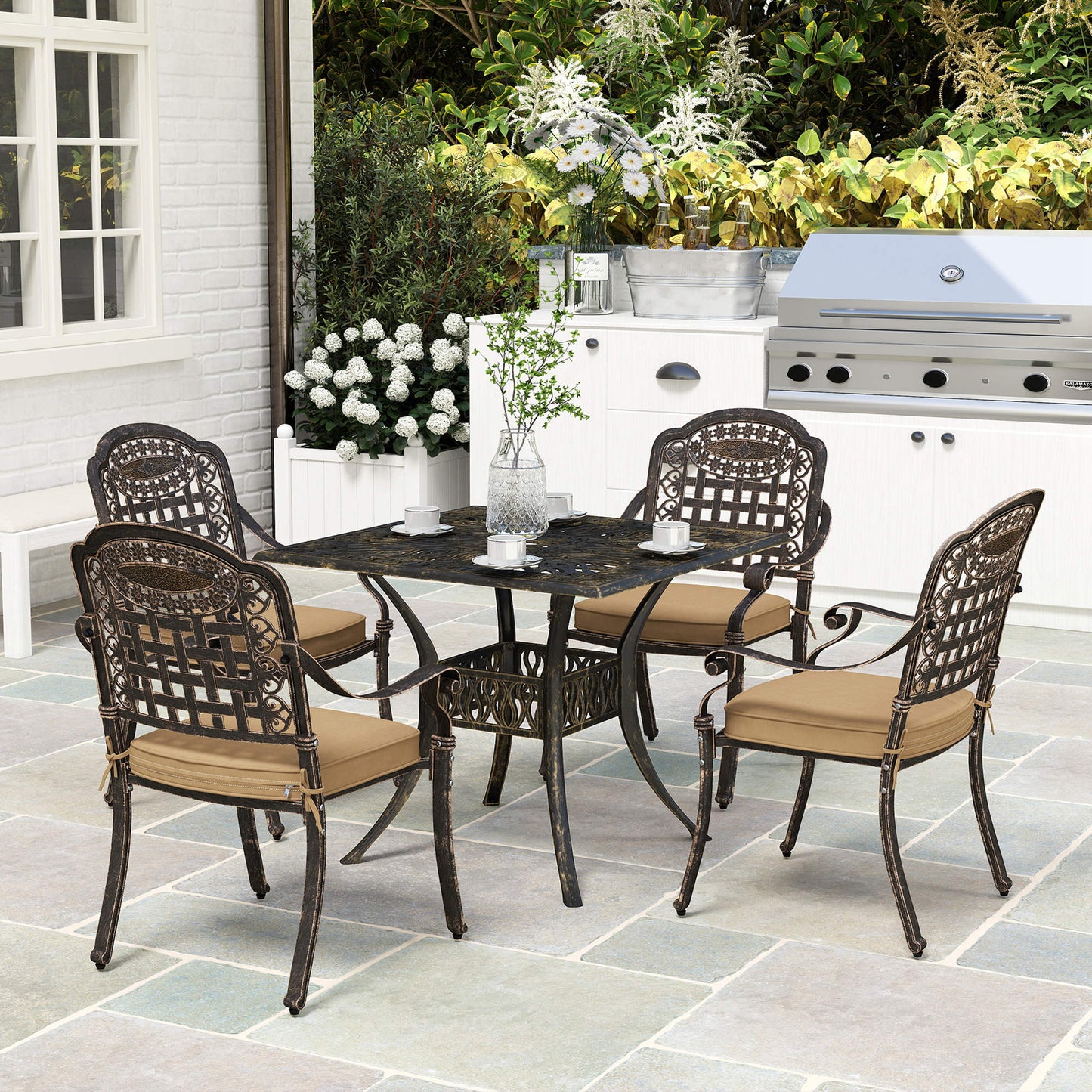 Outsunny Five Piece Cast Aluminium Garden Dining Set Bronze Tone With Square Table And Floral Grid Cutouts