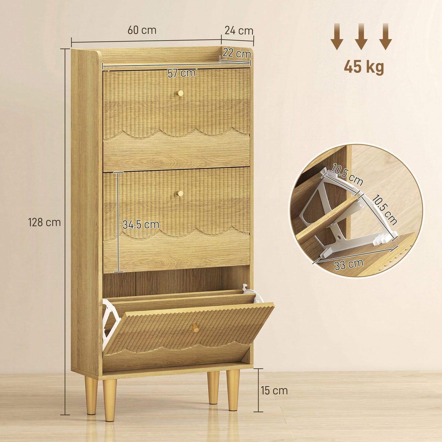 HOMCOM Narrow Shoe Cabinet Modern Shoe Storage With 3 Flip Drawers Oak Finish Slim 24cm Depth For Narrow Hallways