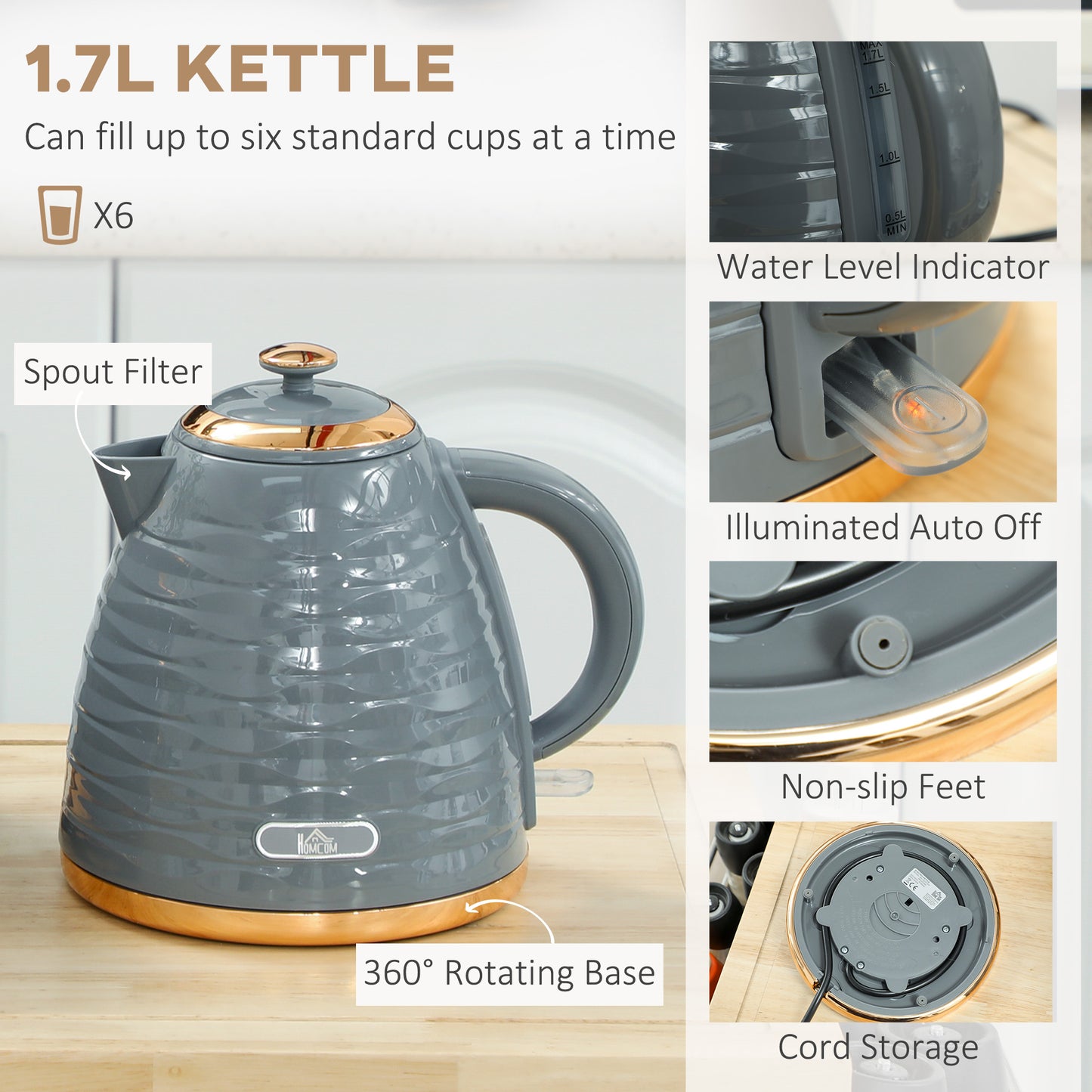 HOMCOM 3000W 1.7L Rapid Boil Kettle And 2 Slice Toaster Set In Grey With 7 Browning Levels And Crumb Tray