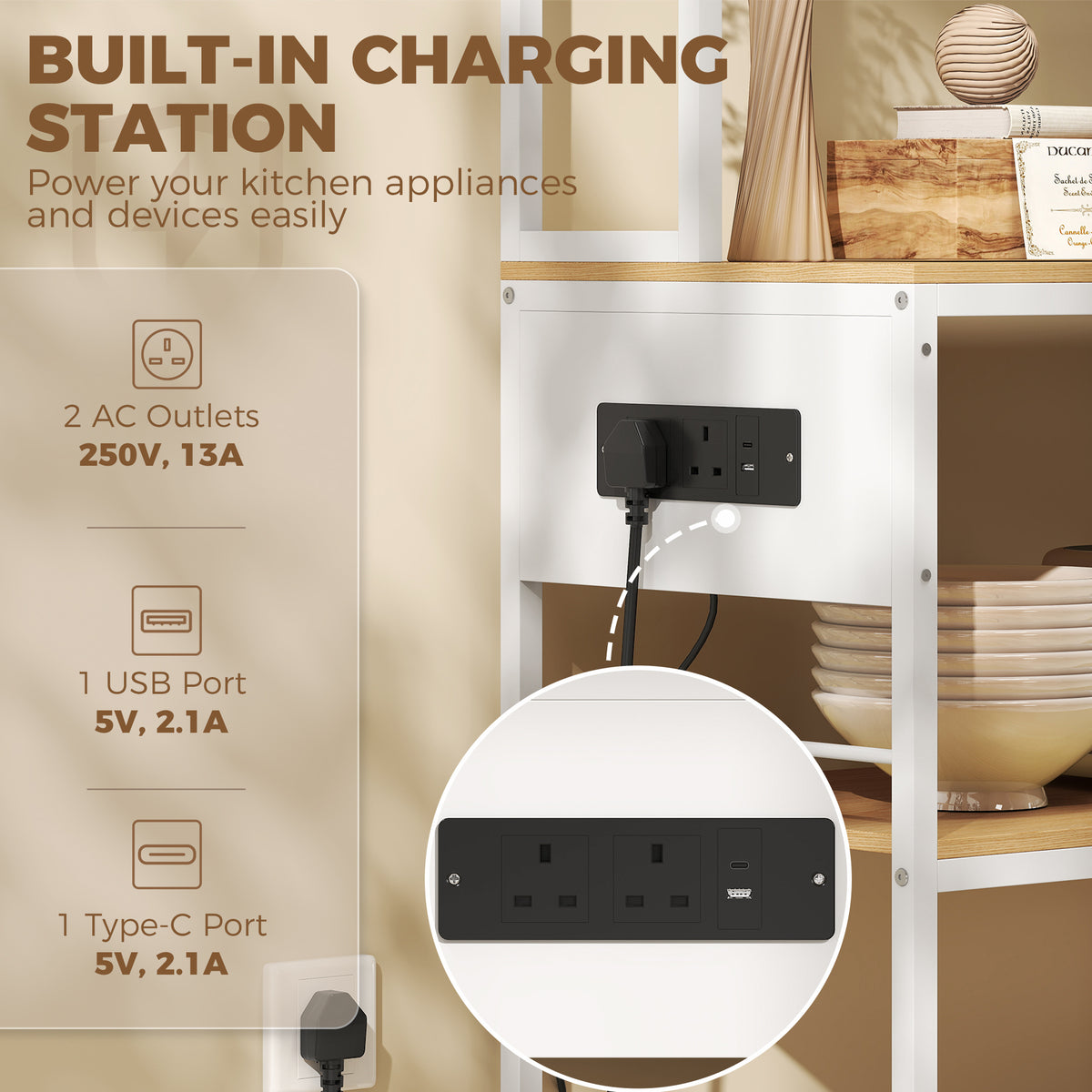 Homcom Kitchen Storage Rack With USB Outlet Drawer Oak White