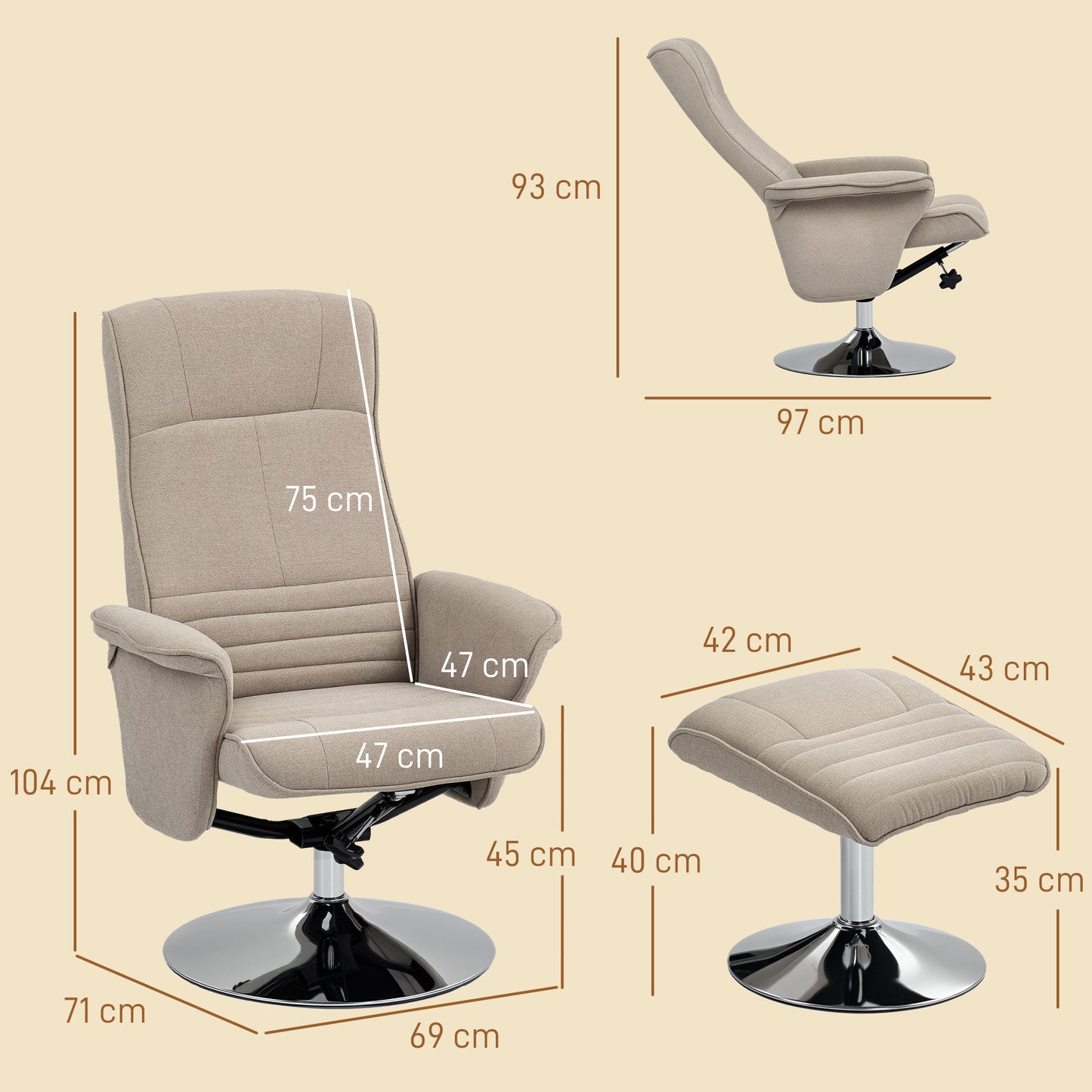 HOMCOM Velvet Swivel Recliner Chair With Ottoman Footstool Steel Base Beige Upholstered Armchair For Living Room Office