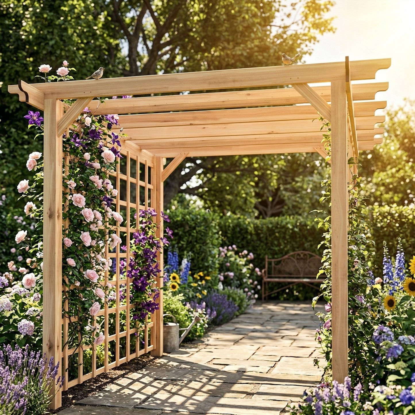Outsunny 3x3 Meter Wooden Pergola Kit Garden Gazebo Arch With Trellis For Climbing Vines Flowers Nature Wood Finish