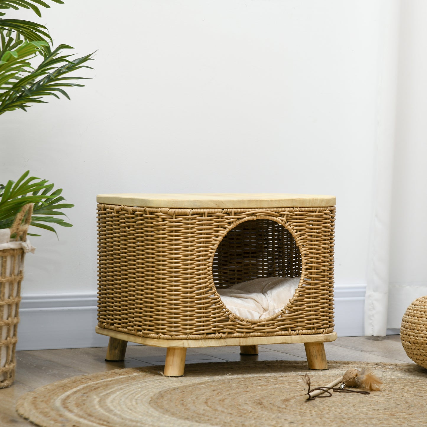 PawHut Chic Elevated Wicker Cat House with Removable Cushion, Light Brown - ALL4U RETAILER LTD