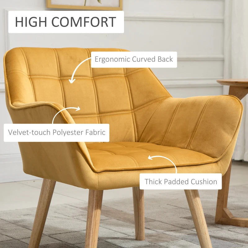 HOMCOM Set Of 2 Modern Yellow Armchairs with Wide Arms, Slanted Back, Rubber Wood Legs - Ideal for Living Room, Bedroom, Home Office Décor