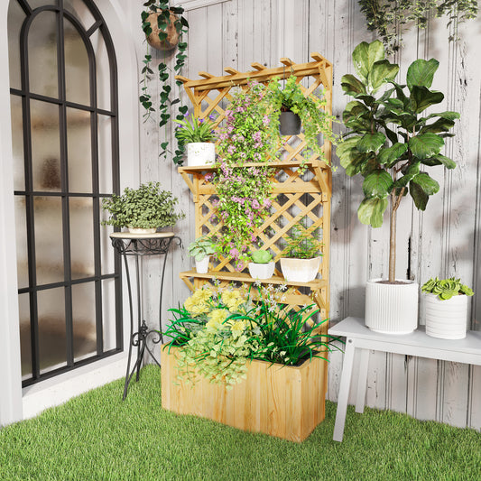 Outsunny 52L Wooden Planter With Trellis And Shelves For Outdoor Gardens Natural Finish