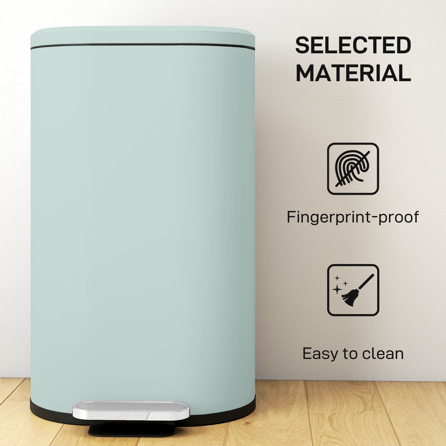HOMCOM 30L Modern Curved Kitchen Pedal Bin With Soft Close Lid And Fingerprint Resistant Metal Green