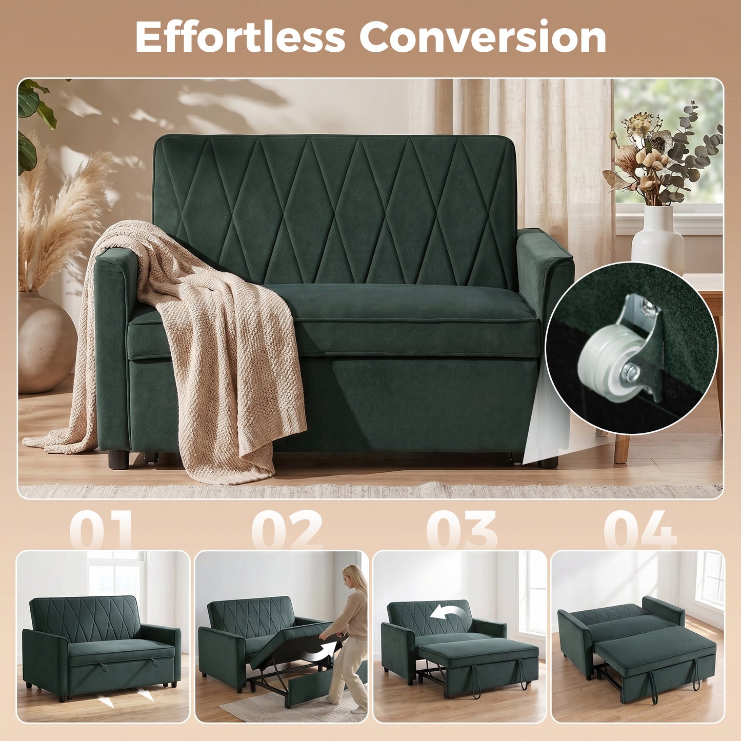HOMCOM 2 Seater Sofa Bed 3 In 1 Convertible Pull Out Sleeper With Clik-Clack Adjustable Backrest Dark Green Velvet