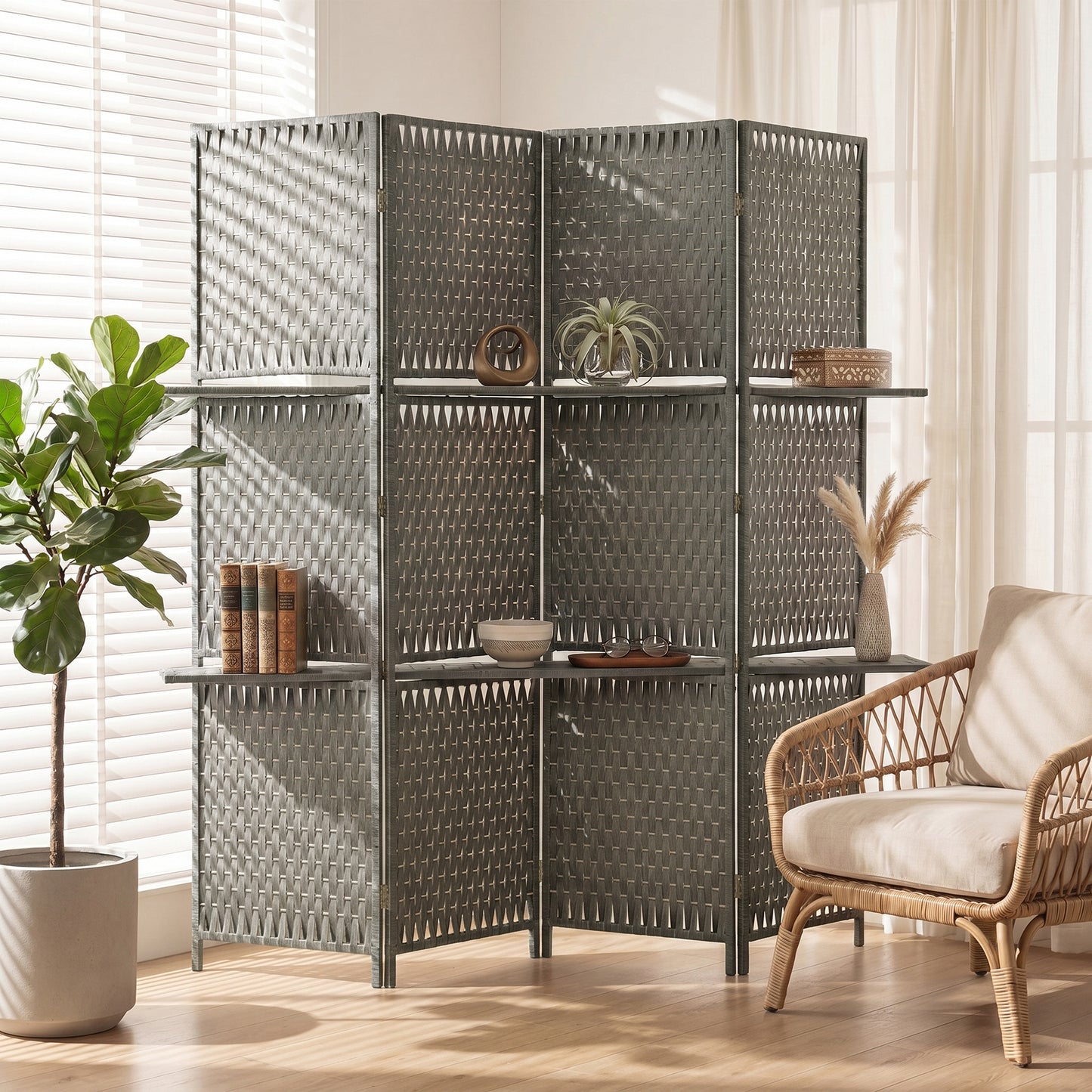 HOMCOM Wave Fibre Freestanding Folding Privacy Screen Panels Room Divider Grey With Shelves For Storage