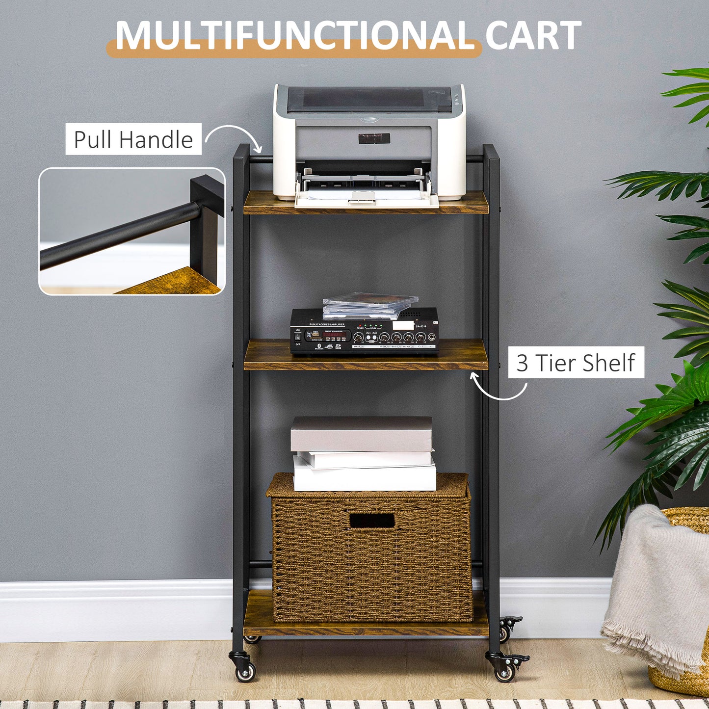 HOMCOM 3 Tier Printer Stand Utility Cart Rolling Trolley With Adjustable Shelves Lockable Wheels Rustic Brown