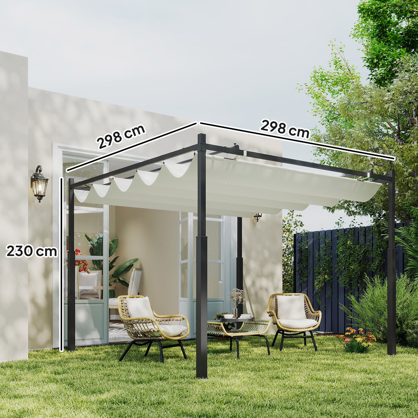 Outsunny 3x3m Metal Pergola With Retractable Roof UPF30 Magnetic Fixture Outdoor Gazebo Kit Cream White