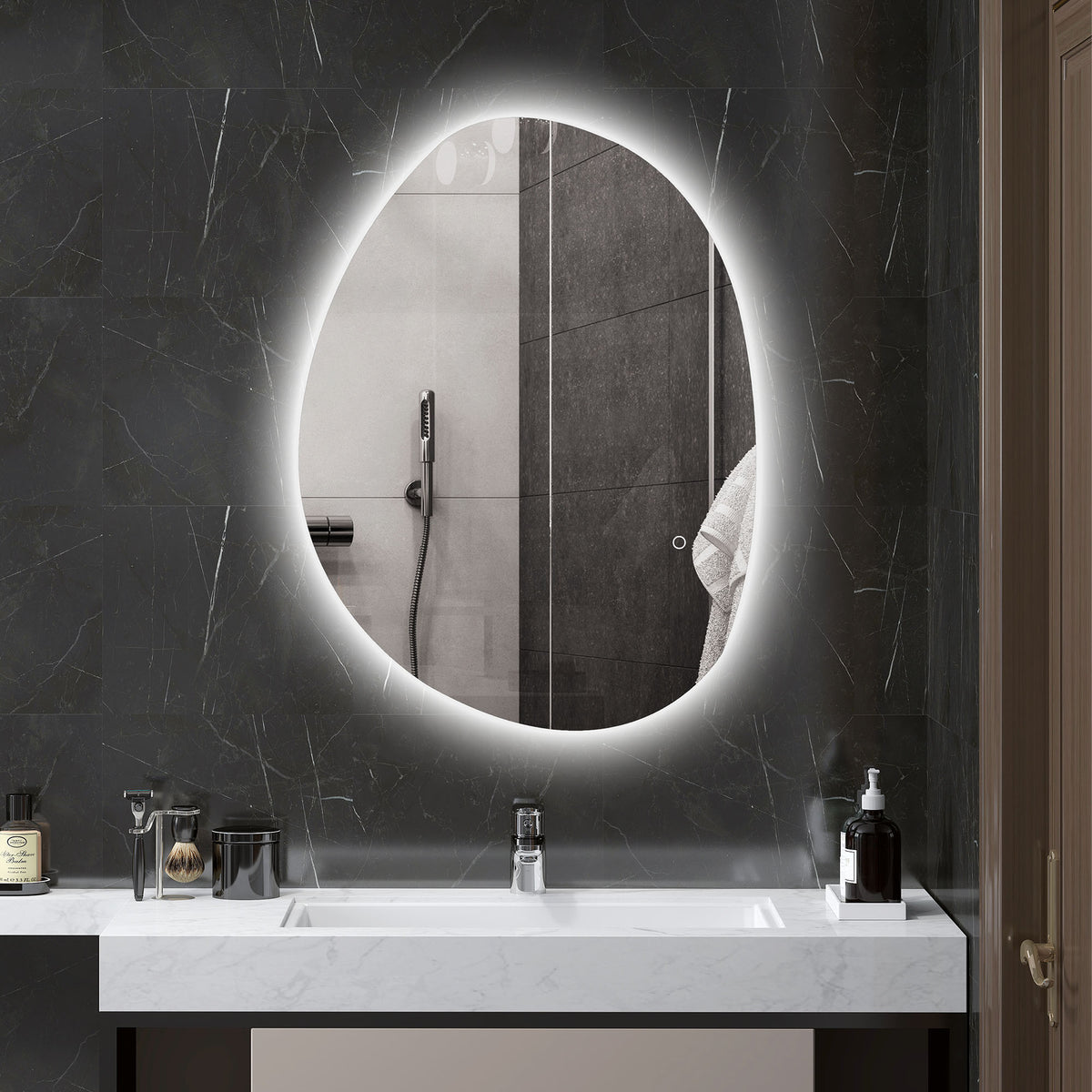 Oval wall mirror with bright LED ring around the frame