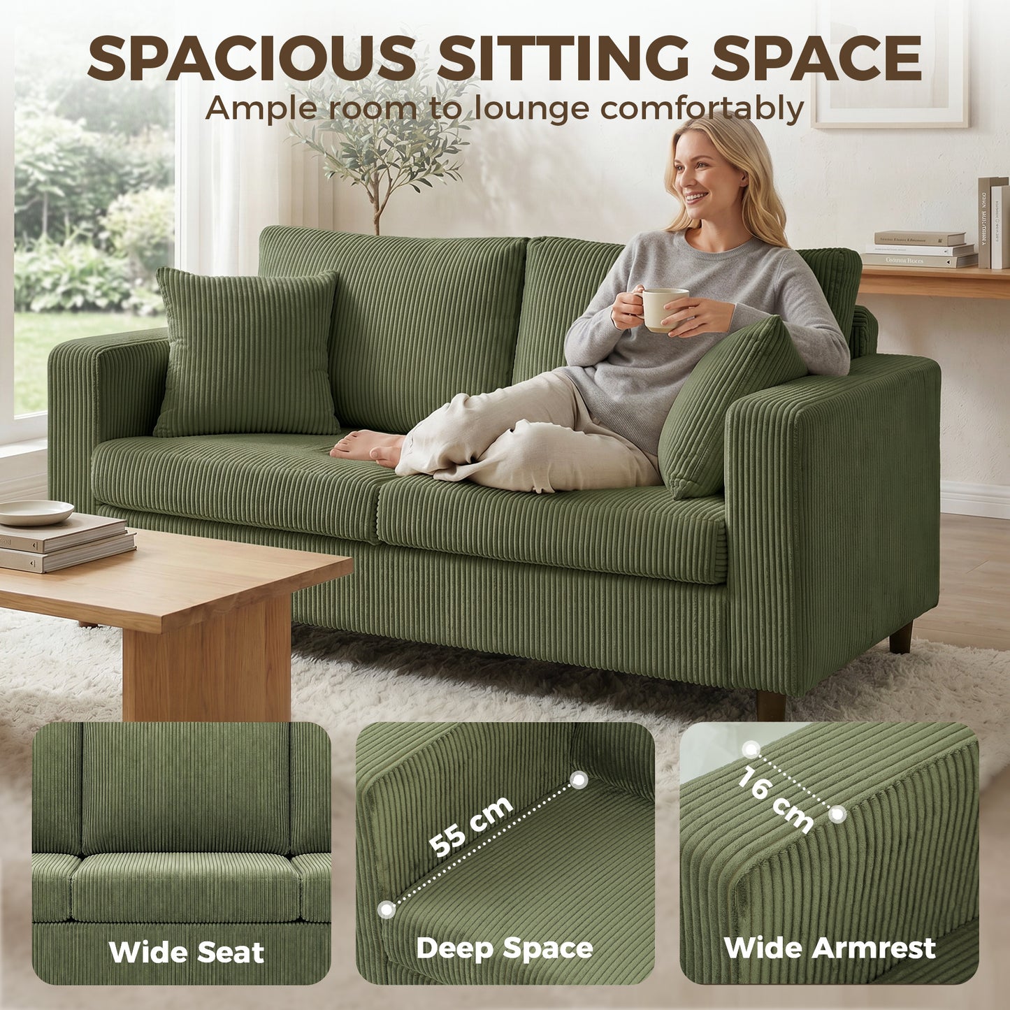 HOMCOM Corduroy Loveseat Sofa With Wide Seat 2 Seater Couch Deep Seat Spring Cushion Green