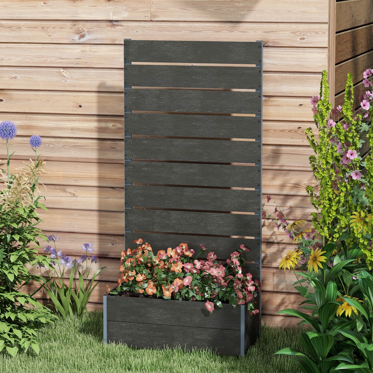 Outsunny Garden Planter Box With Back Trellis Privacy Screen In Black Aluminium Frame