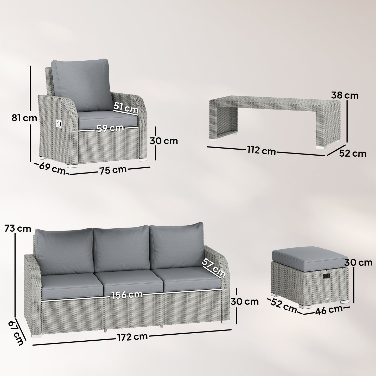 Outsunny Six Piece Rattan Garden Furniture Set With Reclining Armchairs Dark Grey