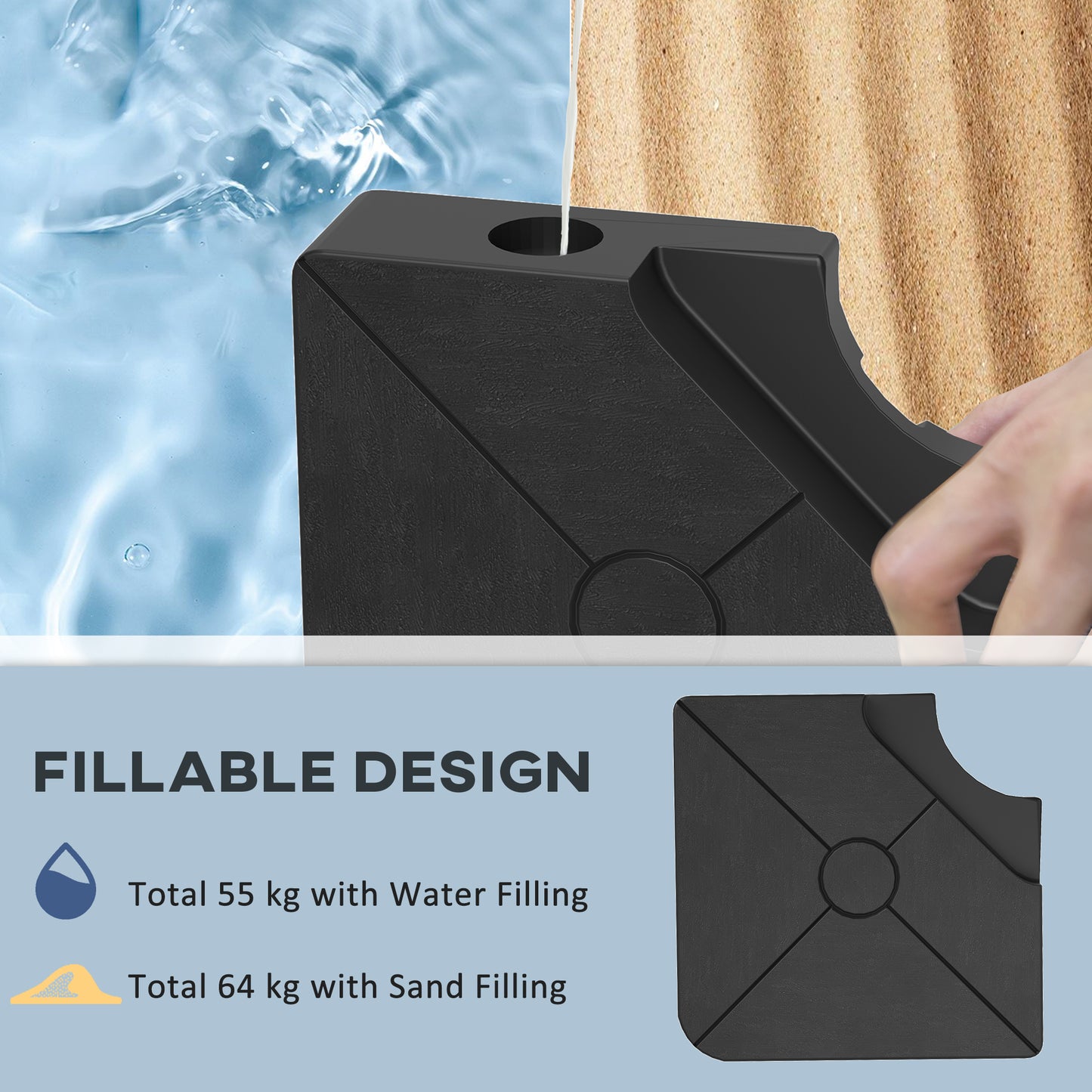 Outsunny Umbrella Weights for Cantilever Parasols Set of 4 Heavy Duty Base Weights 64kg Sand or 55kg Water Filled Black