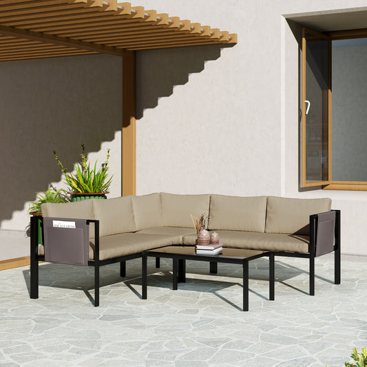 Outsunny 5 Seater Garden Corner Sofa Set 4 Pieces Outdoor Metal Furniture With Glass Top Table Cushions Khaki